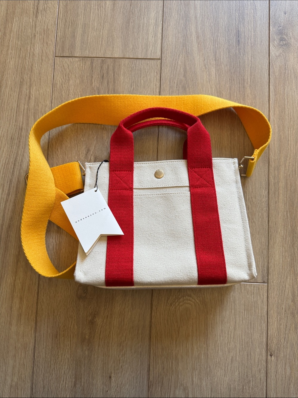 NEW Canvas Crossbody Tote with red handles and yellow straps (detachable)